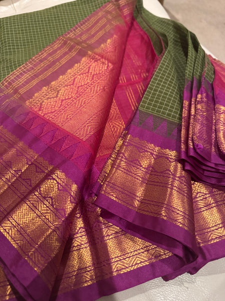 Pure Cotton Forest Green and Purple Magenta Gadwal Saree