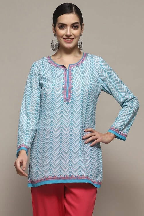 Sky Blue Soft Crepe Printed Straight Kurti