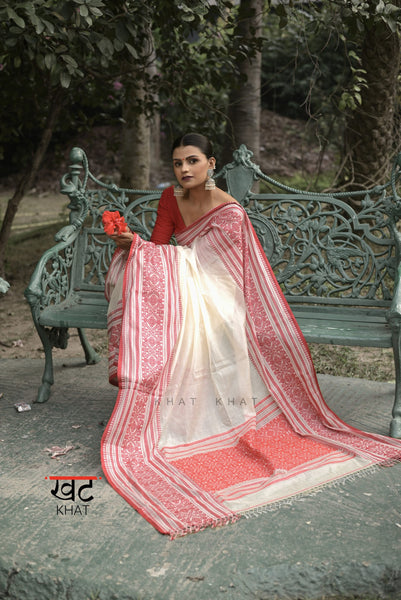 White and Red Handloom Cotton Tussar Saree