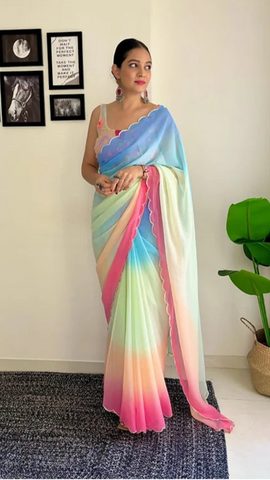 Georgette Saree with Scallop Border in Shades of Pastel Colors