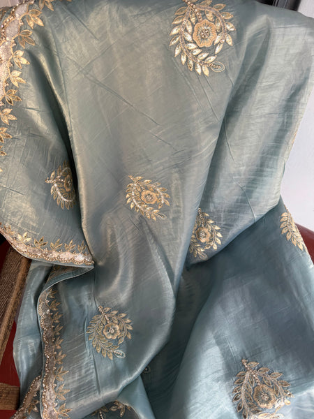 Sky Blue Tissue Silk Gota Pati Saee