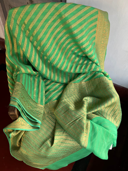 Pastel Green and Gold Pure Khaddi Chiffon Saree