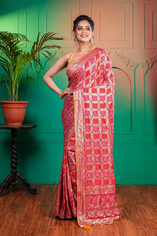 RED AND PINK BANARASI BANDHEJ SAREE