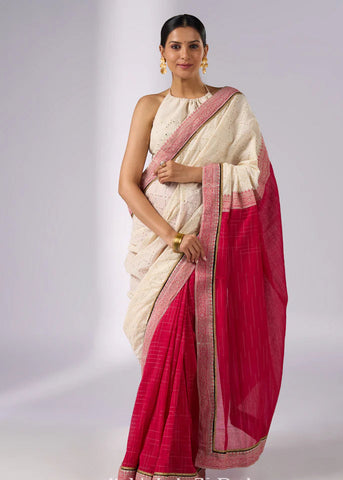 Off white haakoba cotton saree with bright chequered pink combination