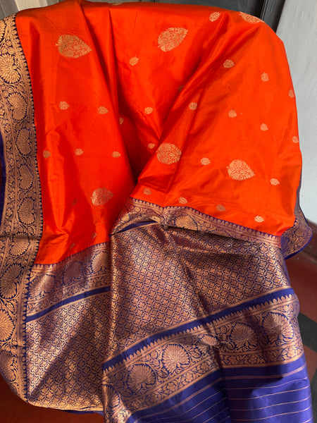 Pure Katan Silk Handloom Saree in Orange and Royal Blue