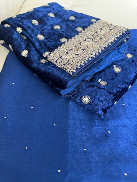 Deep Midnight Blue Satin Mukesh Work Saree with Antique Zari Embroidery