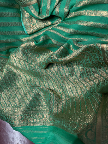 Pastel Green and Gold Pure Khaddi Chiffon Saree