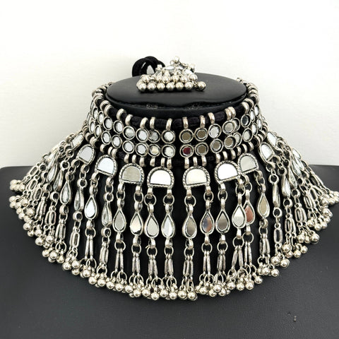 Silver Glass multilayer Afghani choker neckline necklace