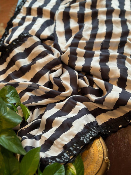 Black and White Striped Saree with Readymade Blouse