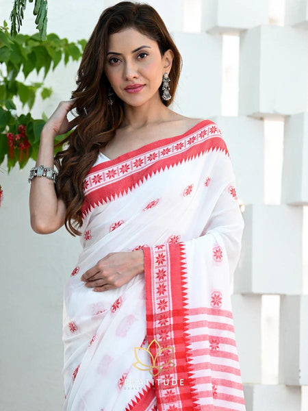 White and Red Handloom Cotton Saree