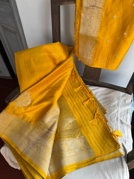 Golden Yellow and Silver Mashru Soft Silk Saree