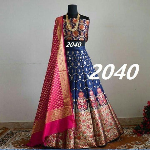 Brocade Hot Pink and Blue and Lehenga Choli