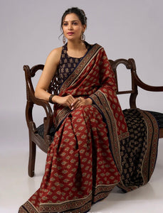 Brown Cotton Printed combination saree with Ajrakh border