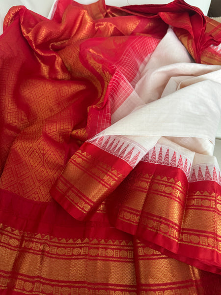 White and Red Cotton Gadhwal Saree