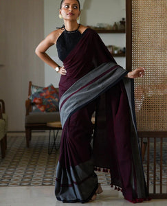 Dark Chocolate Maroon Cotton Handloom Saree