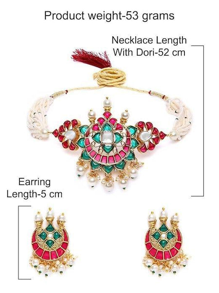 Pink & Green Meenakari Multi strand Pearls Choker Necklace & Earring Set