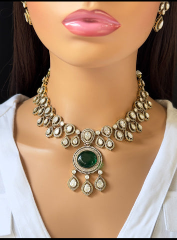 Green Victorian moissanite polki Necklace,Sabyasachi Necklace