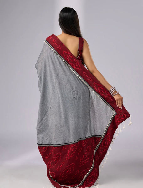 Grey Cotton Saree with Maroon Ikat borders