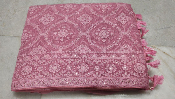 Coral Pink Chiffon Saree with Lucknowi Chikankari Work