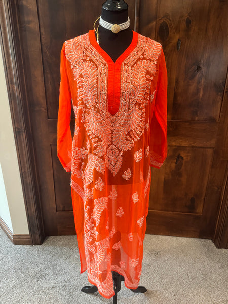 Orange Georgette Lucknowi Chikankari long Kurti