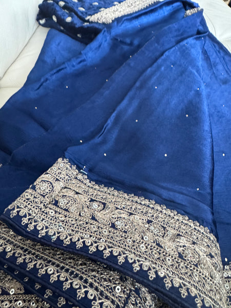 Deep Midnight Blue Satin Mukesh Work Saree with Antique Zari Embroidery