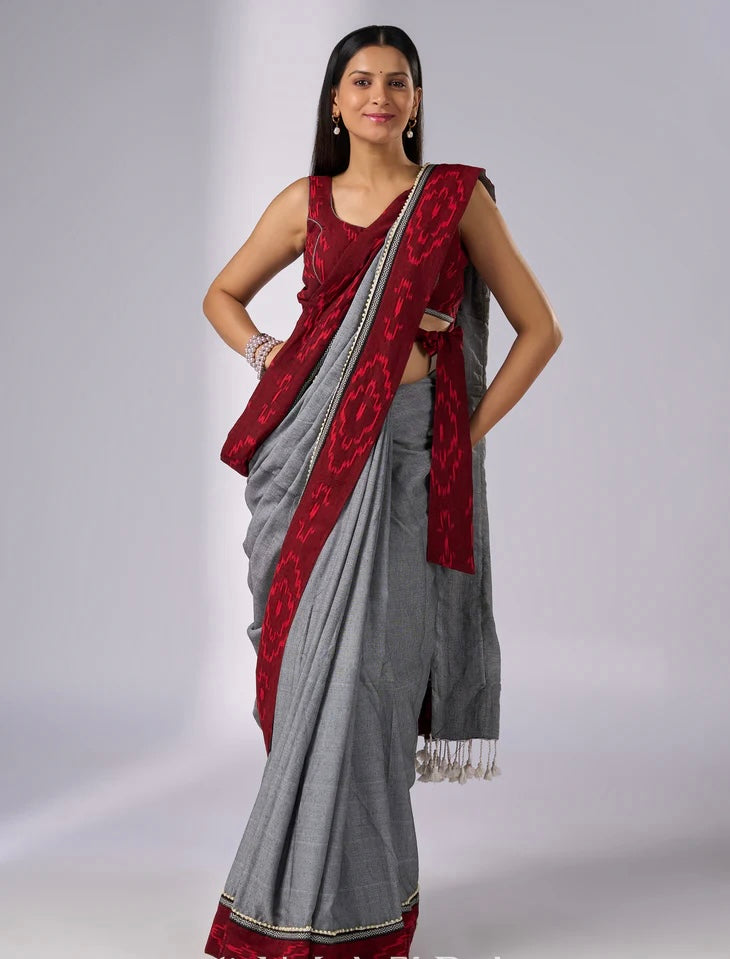 Grey Cotton Saree with Maroon Ikat borders