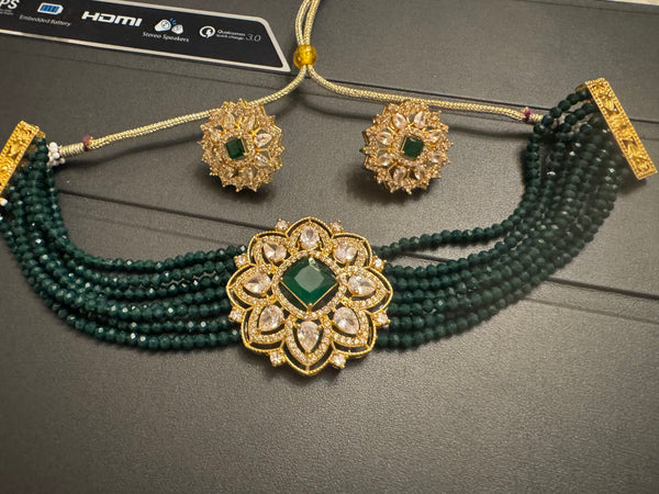 Green Kundan Garnet Choker with Earrings