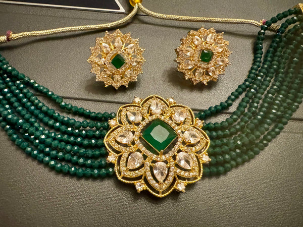 Green Kundan Garnet Choker with Earrings