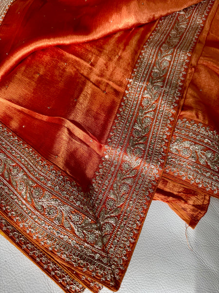 Orange Satin Mukaish Work Saree with Antique Zari Embroidery