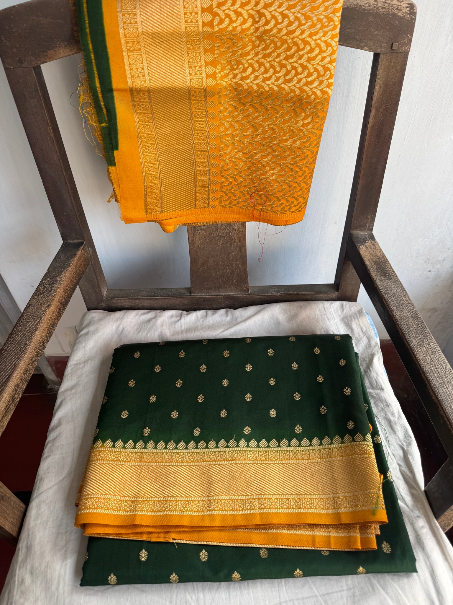 Forest Green and Yellow Soft Tussar Silk Saree