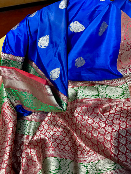 Pure Katan Silk Handloom Saree in Royal Blue and Red