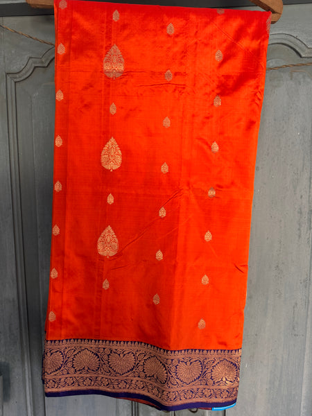 Pure Katan Silk Handloom Saree in Orange and Royal Blue