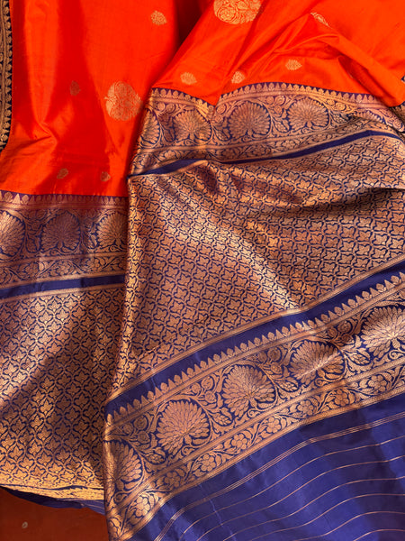 Pure Katan Silk Handloom Saree in Orange and Royal Blue