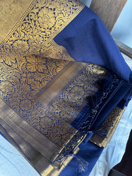 Midnight Blue and Gold Soft Crepe Tussar Silk Saree