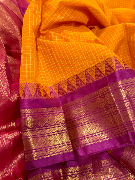 Pure Cotton Orange and Purple Magenta Gadwal Saree