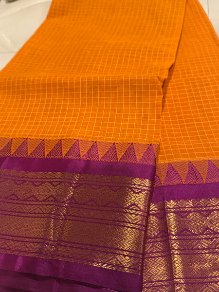 Pure Cotton Orange and Purple Magenta Gadwal Saree