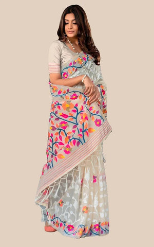 Soft Jamdani Saree in Light Beige and Red