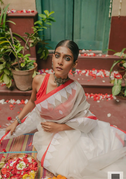 Red and White Handloom Silk Saree