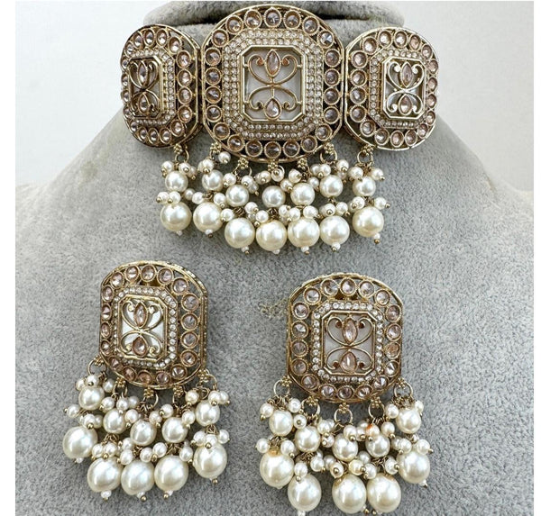 White Pearl Antique Polki Kundan Choker Necklace set,