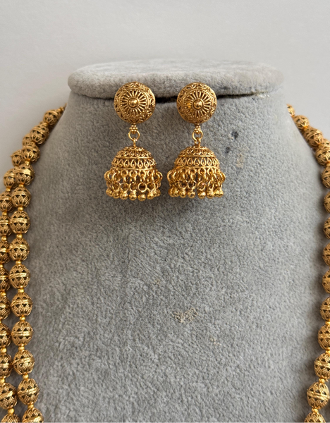 Double Layered Gold Matar Mala Necklace Strand with Earrings