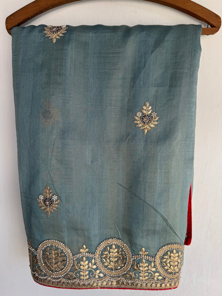 Sku Blue Tissue Chanderi Silk Saree