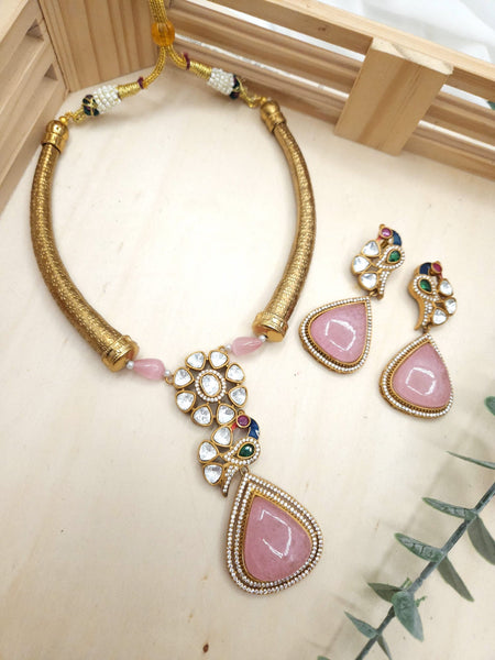 Pink Ridhi mossanite polki necklace set