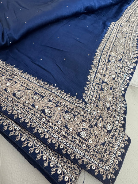 Deep Midnight Blue Satin Mukesh Work Saree with Antique Zari Embroidery