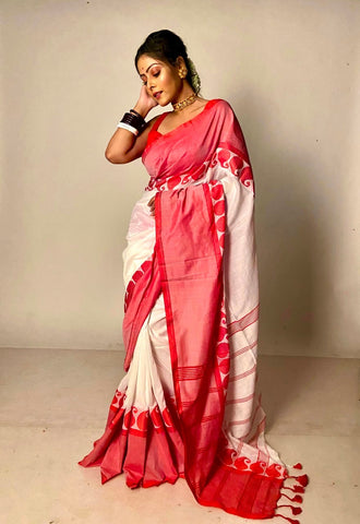 Bengali Pure Handloom Red and White Cotton Saree