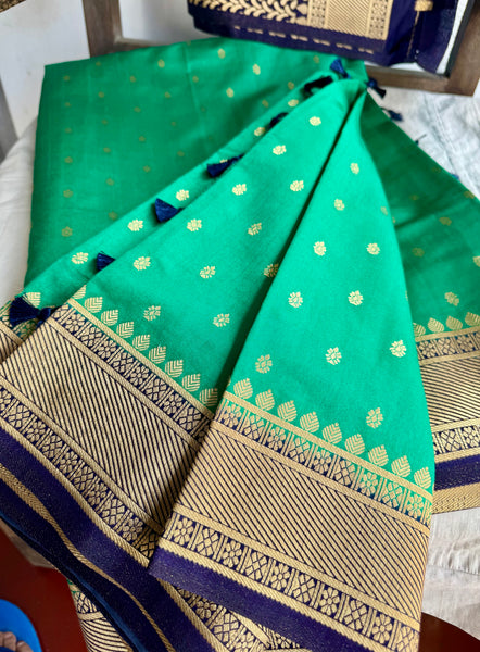 Green and Navy Blue Tussar Silk Saree