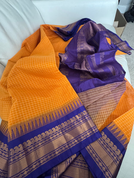 Pure Cotton Orange and Blue Gadwal Saree