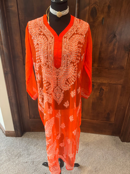 Orange Georgette Lucknowi Chikankari long Kurti