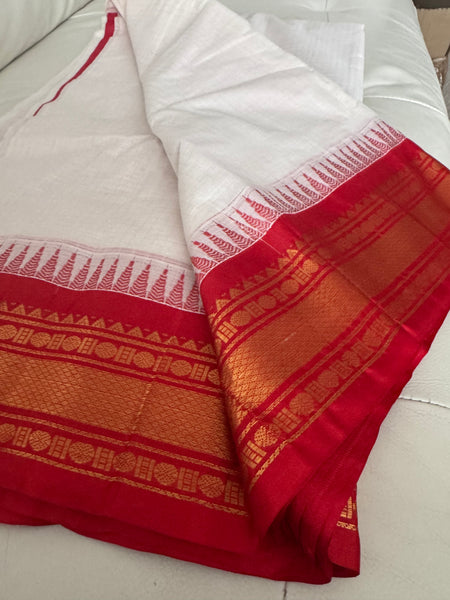 White and Red Cotton Gadhwal Saree