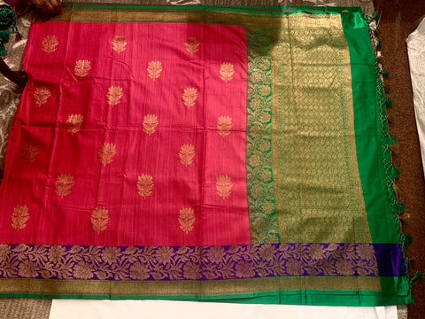 Pinkish Red Pure Dupion Raw Silk Saree