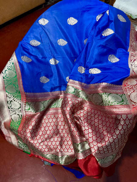 Pure Katan Silk Handloom Saree in Royal Blue and Red